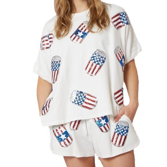 Wholesale Independence Day Top Sequined Pants Suit Short Sleeve Two Piece Set